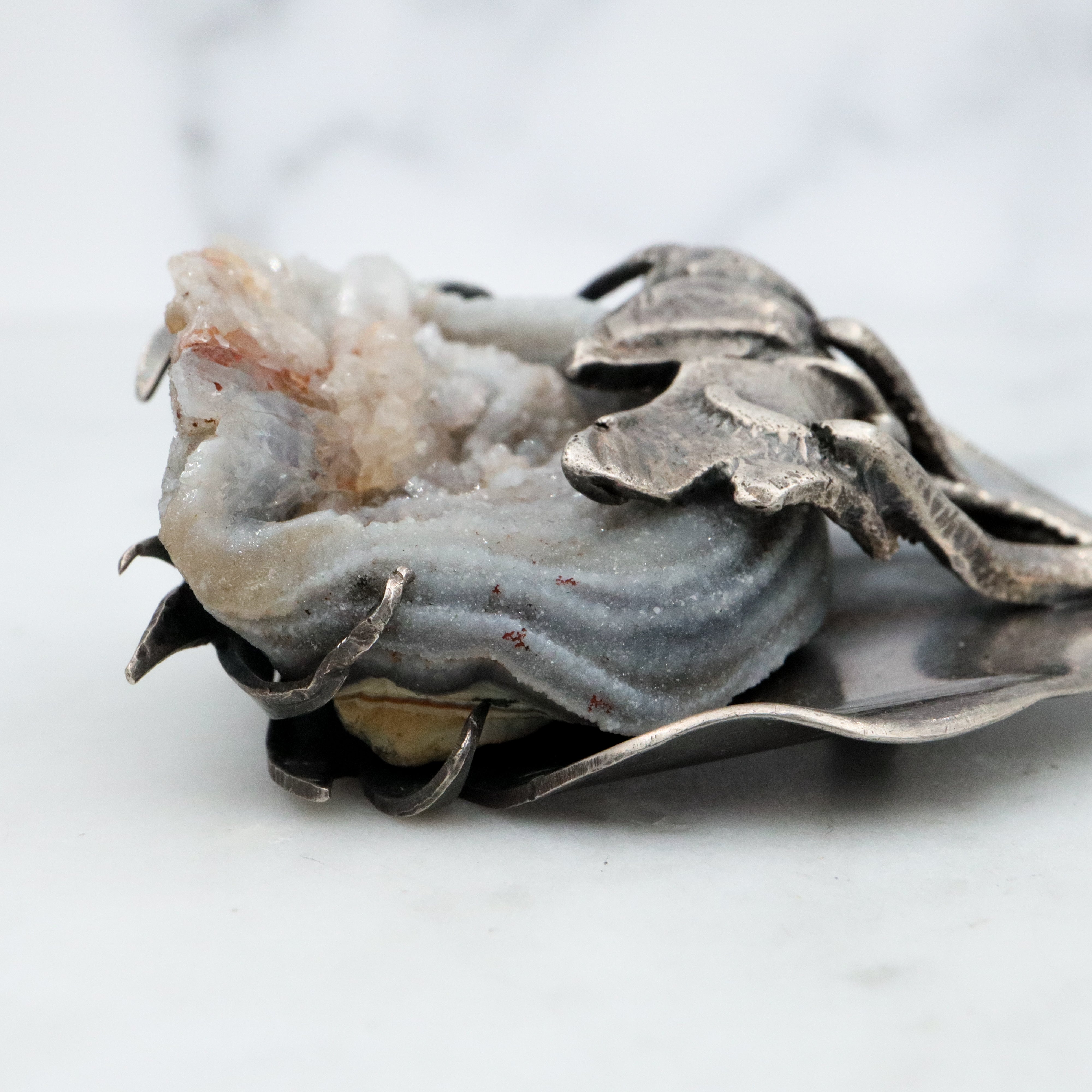 MCM handmade sterling agate druzy flower brooch